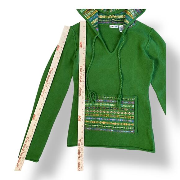 Energie Vintage Boho Hooded Sweater Juniors Size L Green Multicolor Hippie - Picture 3 of 6